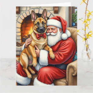 Kerstman met Belgische Mechelse herder Kerst Kunst Kaart