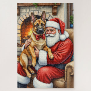 Kerstman met Belgische Mechelse herder kerst kunst Legpuzzel