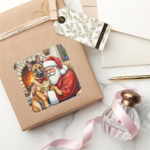 Kerstman met Belgische Mechelse Herder kerst kunst Vierkante Sticker