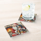 Kerstman met Bernese Mountain Dog Kerstmis Glazen Onderzetter (Schuin)
