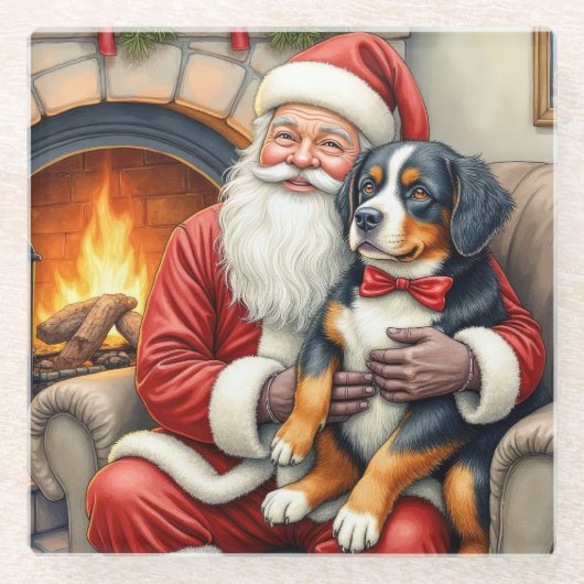 Kerstman met Bernese Mountain Dog Kerstmis Glazen Onderzetter (Voorkant)