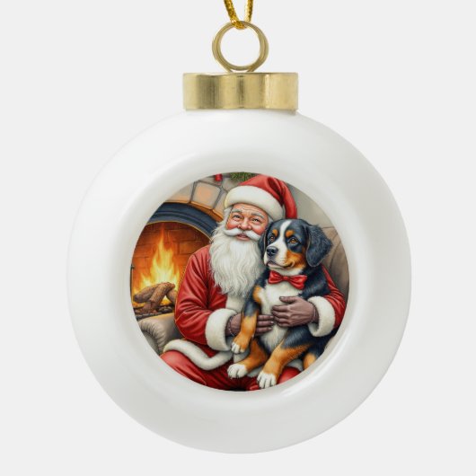 Kerstman met Bernese Mountain Dog Kerstmis Keramische Bal Ornament (Voorkant)