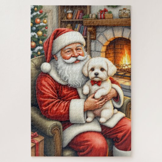 Kerstman met Bichon Frise Kerst Kunst Legpuzzel (Verticaal)