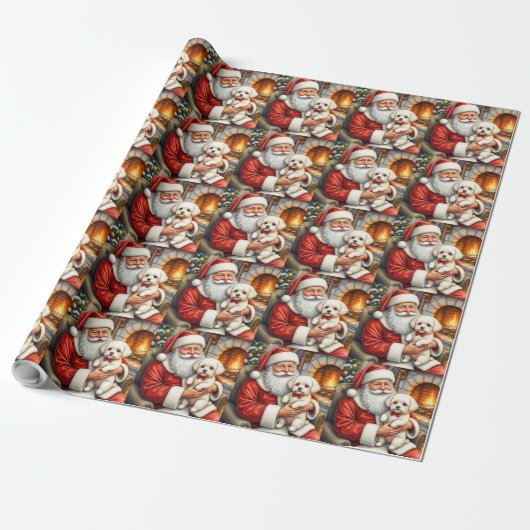 Kerstman met Bichon Frise Kerstkunst Cadeaupapier (Uitgerold)
