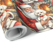 Kerstman met Bichon Frise Kerstkunst Cadeaupapier (Rol Hoek)