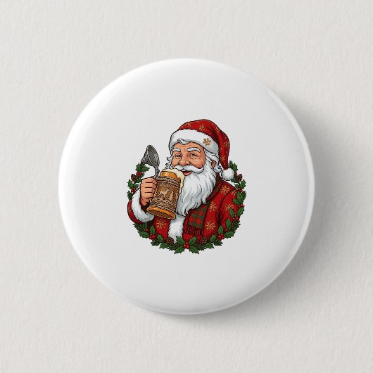 Kerstman met bierglas ronde button 5,7 cm (Voorkant)