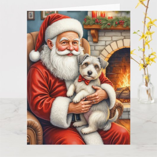 Kerstman met Biewer Terrier Kerst Kunst Kaart (Gele Bloem)