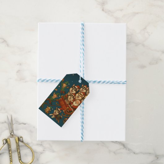 Kerstman met blije honden en elfen! cadeaulabel (Met Touw)