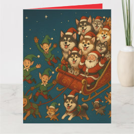 Kerstman met blije honden en elfen! kaart