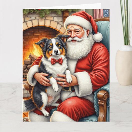 Kerstman met Border Collie Kerst Kunst Kaart (Voorkant)