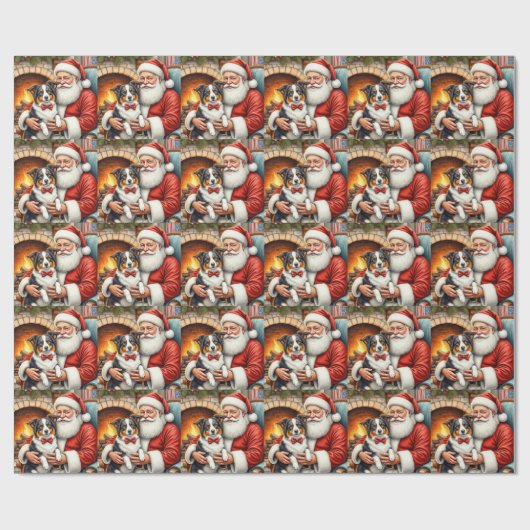 Kerstman met Border Collie Kerstkunst Cadeaupapier (Vlak)