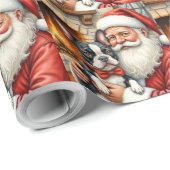 Kerstman met Boston Terrier Kerst Kunst Cadeaupapier (Rol Hoek)