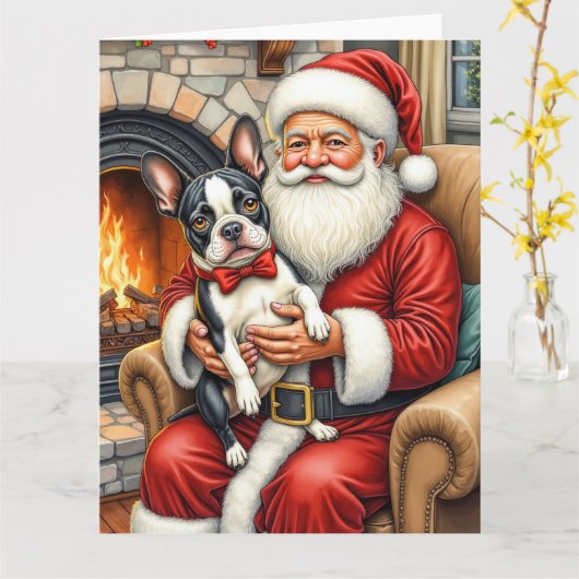 Kerstman met Boston Terrier Kerst Kunst Kaart (Gele Bloem)