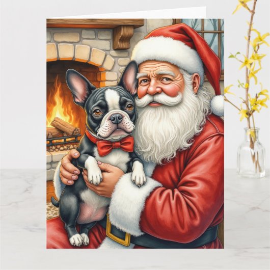 Kerstman met Boston Terrier Kerst Kunst Kaart (Gele Bloem)