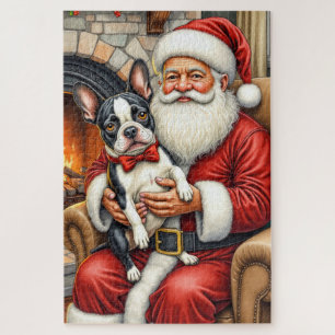 Kerstman met Boston Terrier Kerst Kunst Legpuzzel