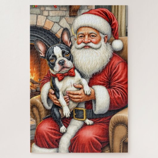Kerstman met Boston Terrier Kerst Kunst Legpuzzel (Verticaal)