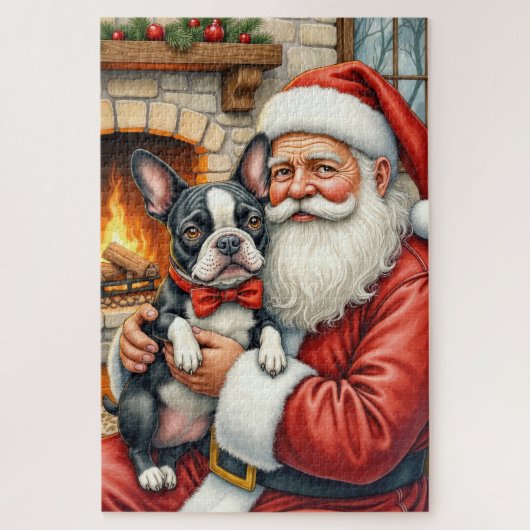 Kerstman met Boston Terrier Kerst Kunst Legpuzzel (Verticaal)