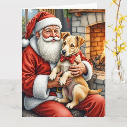 Kerstman met Bouvier des Flandres Kerstmis Kaart (Gele Bloem)