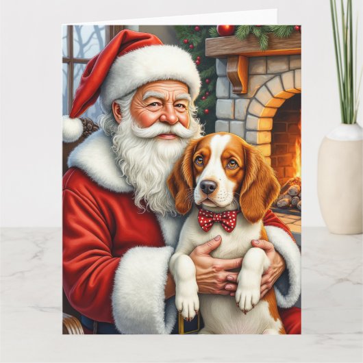Kerstman met Brittany Spaniel Kerst Kunst Kaart (Voorkant)