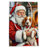 Kerstman met Brittany Spaniel Kerst Kunst Medium Cadeauzakje (Voorkant)