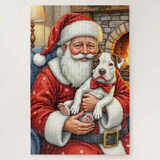 Kerstman met Bull Terrier Kerst Kunst Legpuzzel (Verticaal)