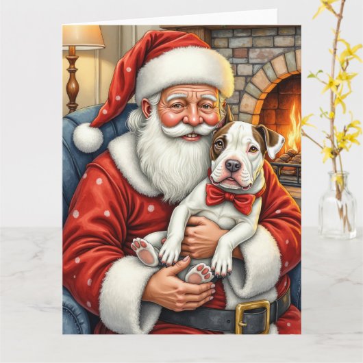 Kerstman met Bull Terrier Kerstkunst Kaart (Gele Bloem)