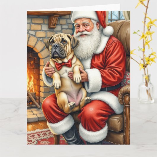 Kerstman met Bullmastiff Kerst Kunst Kaart (Gele Bloem)