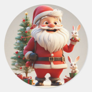 Kerstman met cadeau en konijnen ronde sticker