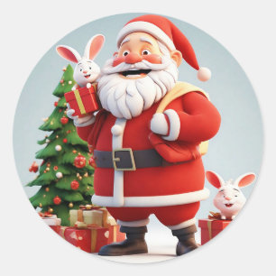 Kerstman met cadeau en konijnen ronde sticker