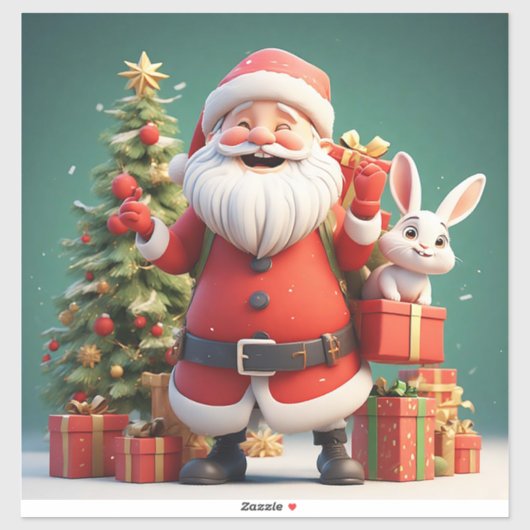 Kerstman met cadeau en konijnen sticker (Vel)