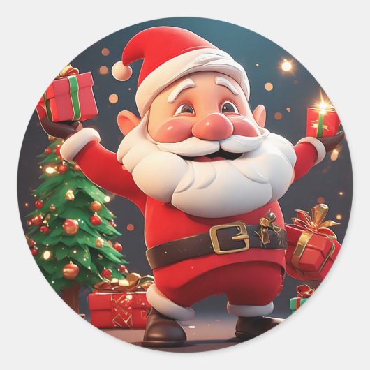 Kerstman met cadeau ronde sticker (Voorkant)