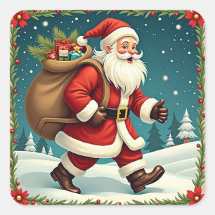 Kerstman met cadeaus, besneeuwd bos Kerstmis Vierkante Sticker