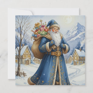 Kerstman met cadeaus en bergdorp in vintage stijl feestdagenkaart
