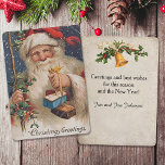 Kerstman met Cadeaus Feestdagenkaart<br><div class="desc">Victoriaans tijdperk Santa met lange stromende whiskers die pakketten bevatten die aan lint gebonden zijn. Complementair afbeelding op achteruit met aanpasbare tekst.</div>