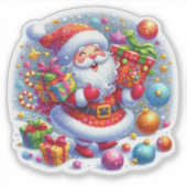 Kerstman met cadeaus onder sneeuwvlokken sticker (Voorkant)