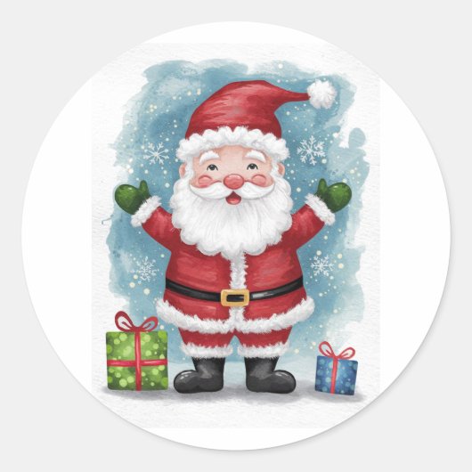 Kerstman met cadeaus ronde sticker (Voorkant)