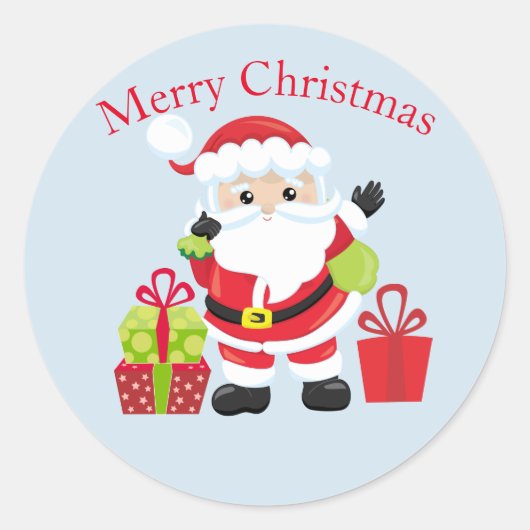 Kerstman met cadeaus ronde sticker (Voorkant)