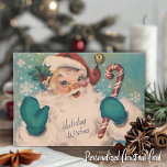 Kerstman met Candy Cane Custom Christmas Feestdagenkaart<br><div class="desc">Deze halverwege de eeuw vintage kerstkaart is voorzien van vrolijke kerstman met rood pet hallo en blauwgroene wanten met een snoepriet en zwaaien. Personaliseer door het bericht op de achterkant aan te passen en/of jouw naam(s) toe te voegen.</div>