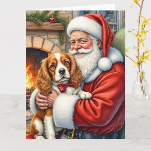 Kerstman met Cavalier King Charles Spaniel  Kaart (Gele Bloem)