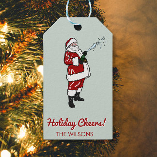 Kerstman met champagnefles cadeaulabel