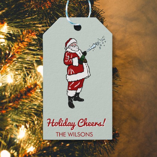 Kerstman met champagnefles cadeaulabel