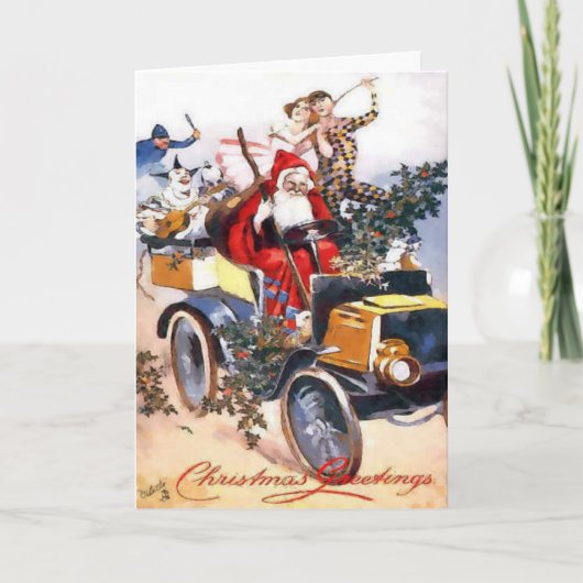  kerstman met clowns in een auto kerst feestdagen kaart (Voorkant)