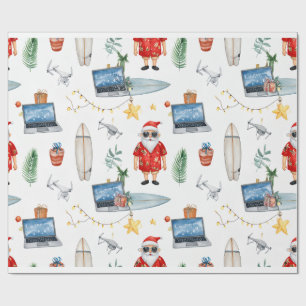Kerstman met computer en surfplank op kerst  cadeaupapier