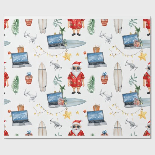 Kerstman met computer en surfplank op kerst cadeaupapier (Vlak)