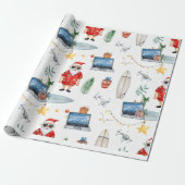 Kerstman met computer en surfplank op kerst cadeaupapier (Uitgerold)