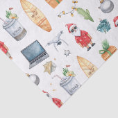 Kerstman met computer en surfplank op kerst tissuepapier (Detail)