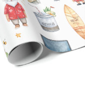 Kerstman met computer en surfplank op kerstfeest cadeaupapier (Rol Hoek)