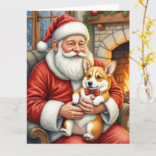 Kerstman met Corgi Kerst Kunst Kaart (Gele Bloem)