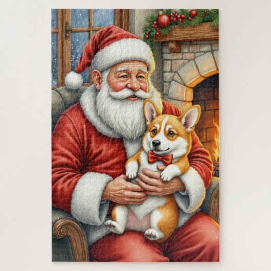Kerstman met Corgi Kerst Kunst Legpuzzel (Verticaal)