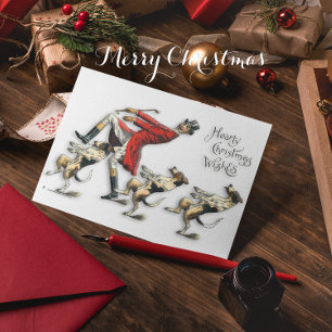 Kerstman met dansende honden in vintage stijl feestdagenkaart